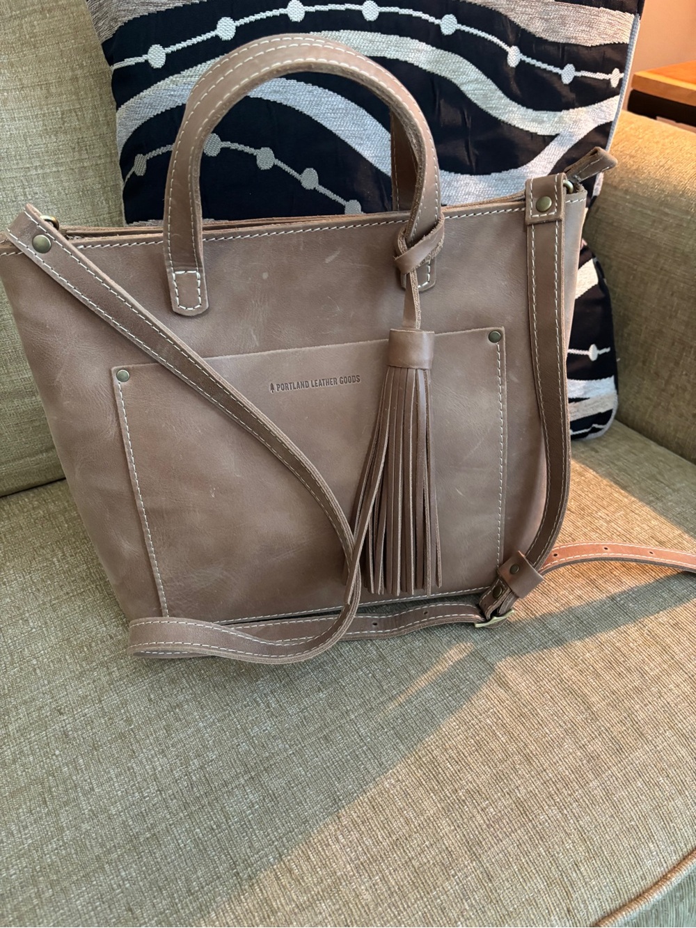 Portland Leather Goods - Cappuccino Medium Crossbody Tote with Tassel Accent.